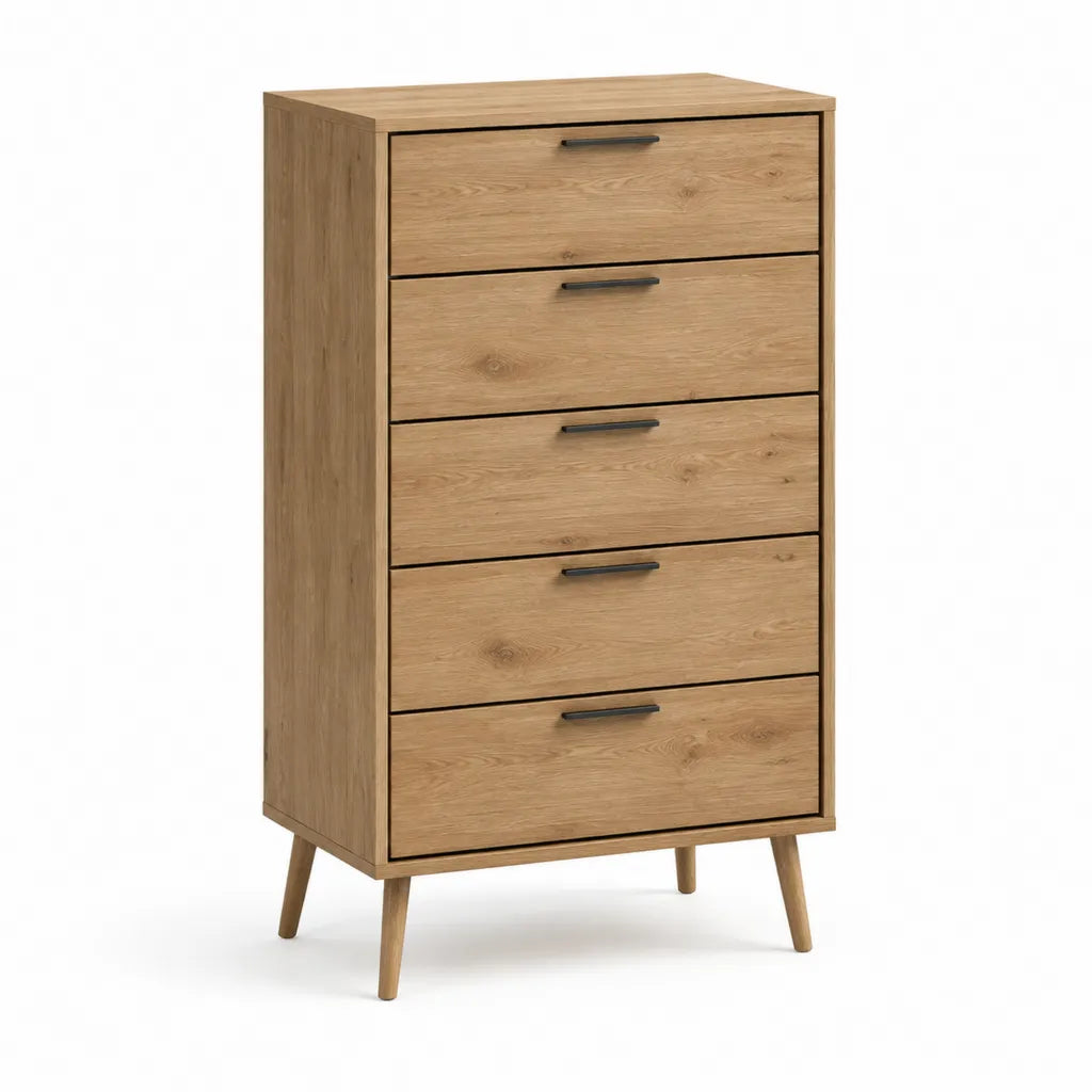 Hohe Kommode mit 5 Schubladen aus Spanplatte in Eiche-Optik 80 x 40 x 120 cm Natur