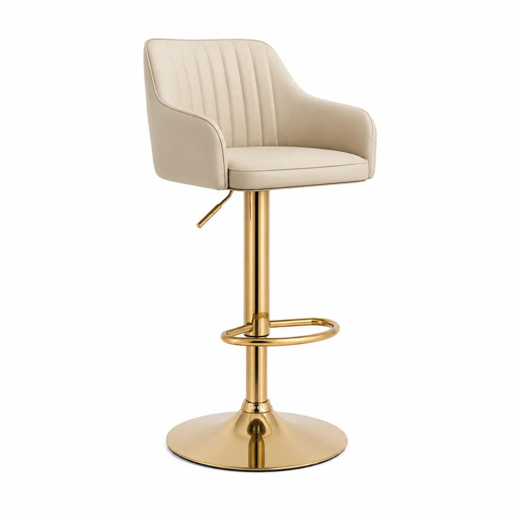 Barhocker hohenverstellbar drehbar mit Armlehnen aus PU-Kunstleder rund 55 x 52 x 86-107 cm Creme Gold