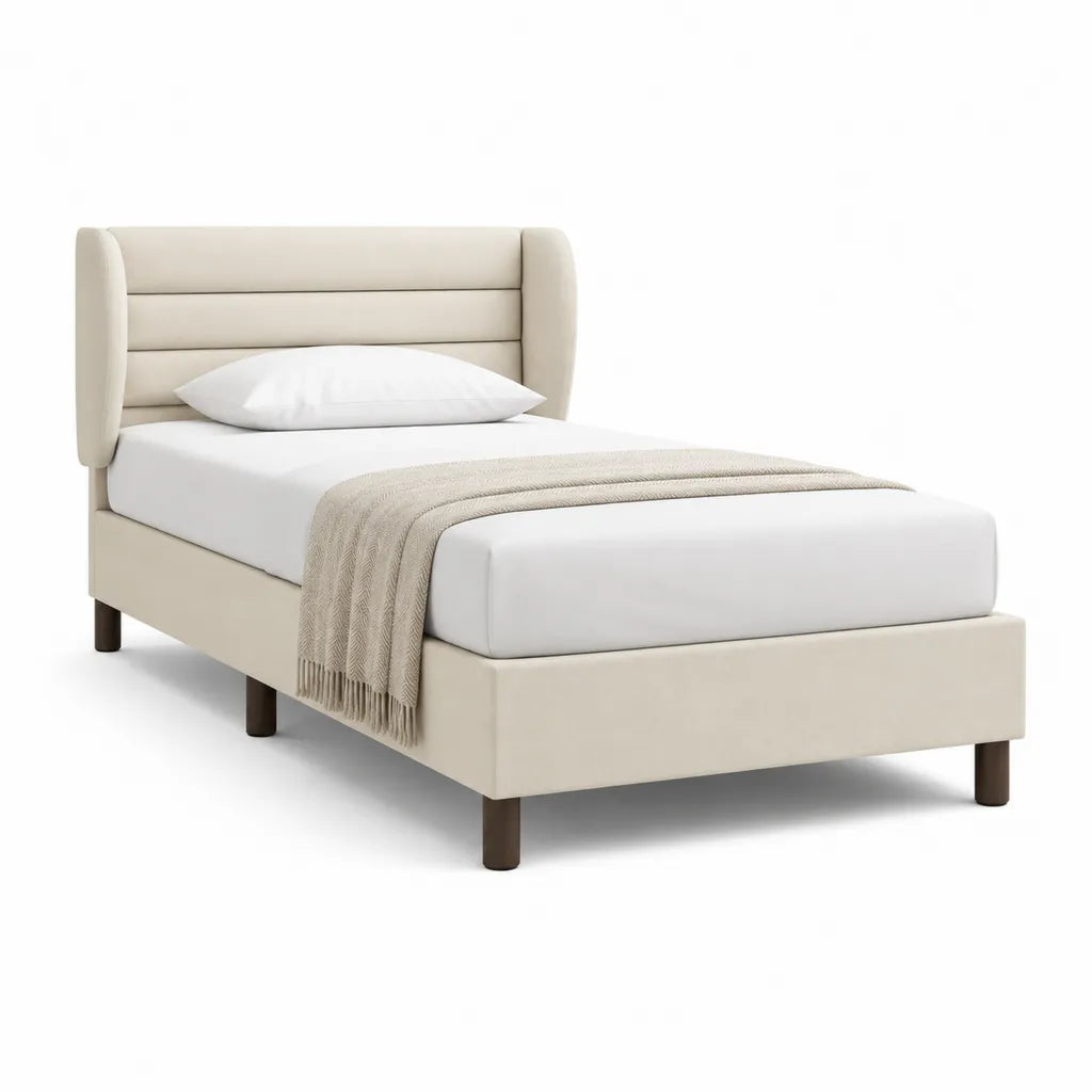 Polsterbett Einzelbett 90 x 200 cm mit gepolstertem Kopfteil Polyester Beige