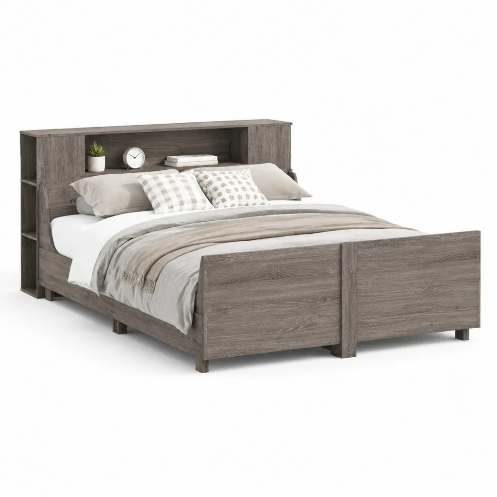 Doppelbettgestell 160 x 200 cm mit Regal-Kopfteil Spanplatte Eichenoptik Grau rechteckig