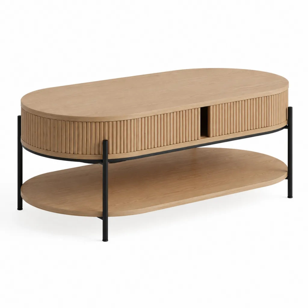Ovaler Couchtisch mit Stauraum und Ablage 120 x 60 x 45 cm aus MDF mit Eichenfurnier in Natur und Schwarz