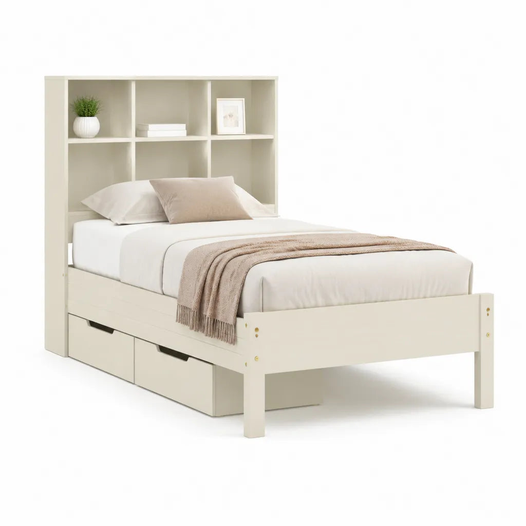 Stauraumbett Einzelbett 90 x 200 cm aus Kiefer Massivholz und MDF rechteckig cremeweiss mit Regal Kopfteil und 2 Schubladen