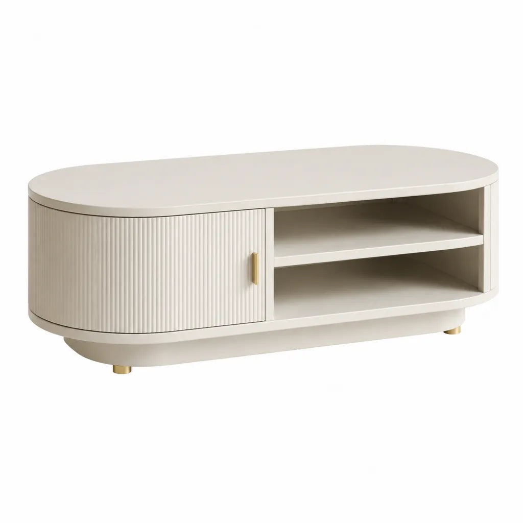 Couchtisch mit Stauraum und Schiebetur MDF oval Weiss Gold 120 x 60 x 42 cm