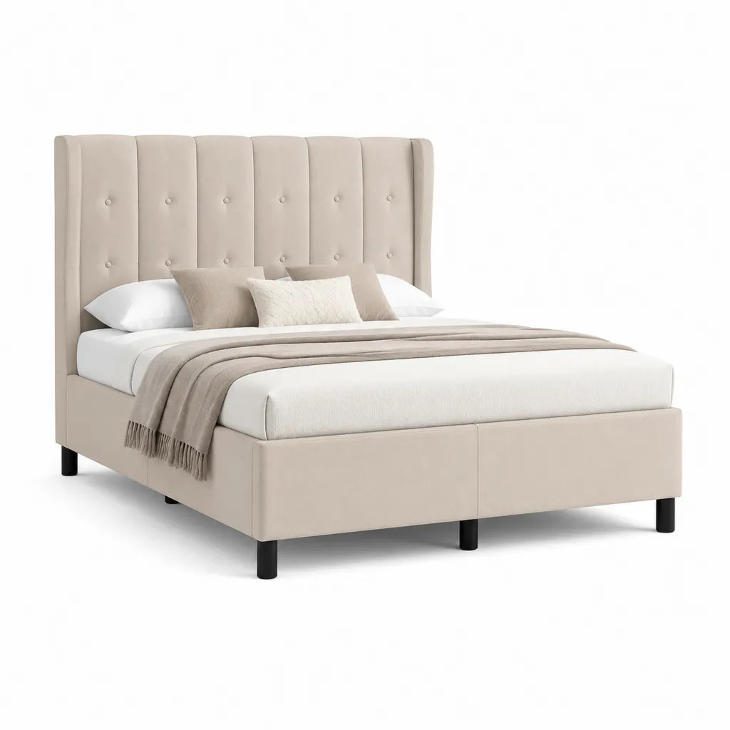 Polsterbett Doppelbett 160 x 200 cm mit hohem Kopfteil aus Polyestersamt Beige