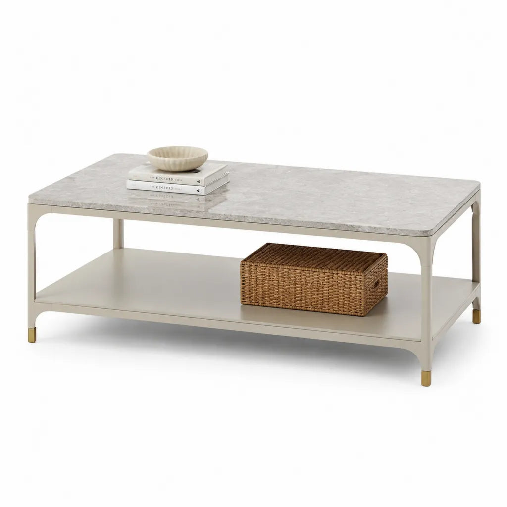Couchtisch mit Ablage 120 x 60 x 45 cm Marmor MDF rechteckig Cremeweiss Grau