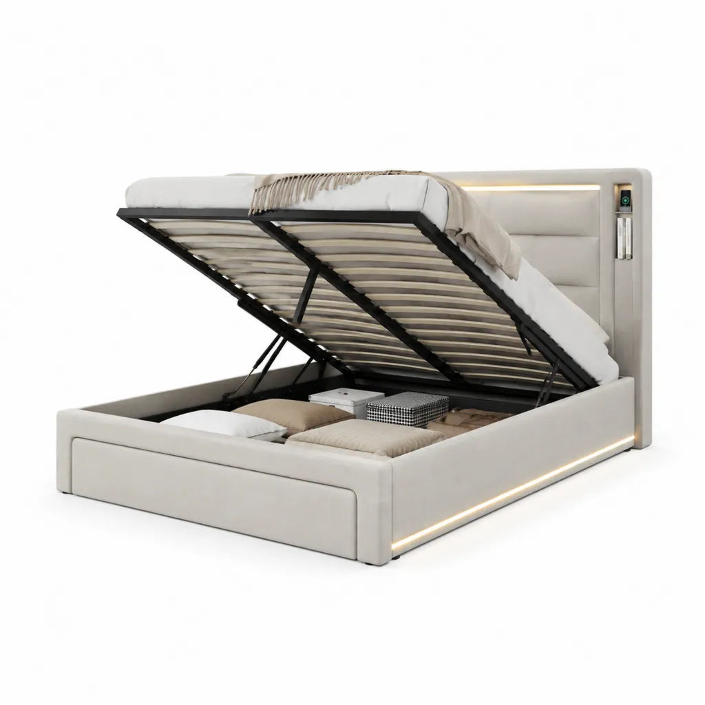 Polsterbett mit Stauraum 180 x 200 cm aus PU-Kunstleder rechteckig cremeweiss mit LED-Beleuchtung