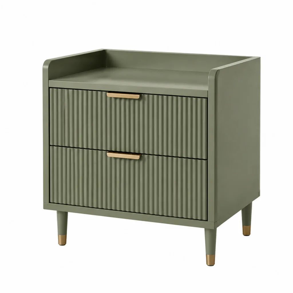 Nachttisch mit 2 Schubladen MDF Geriffelte Front Olivgrun 50 x 40 x 60 cm