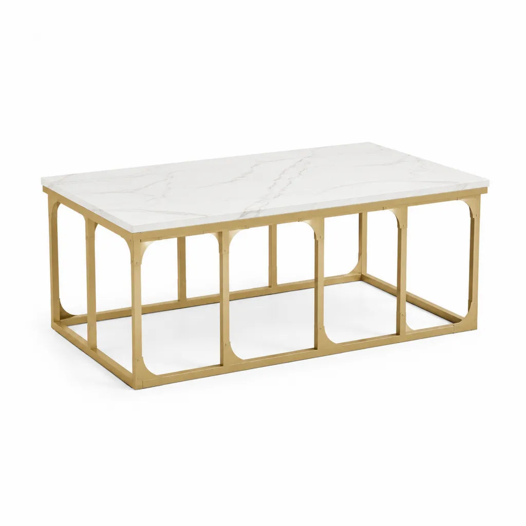 Couchtisch rechteckig 100 x 60 x 45 cm mit MDF-Tischplatte in Marmoroptik Edelstahlgestell Gold Weiss