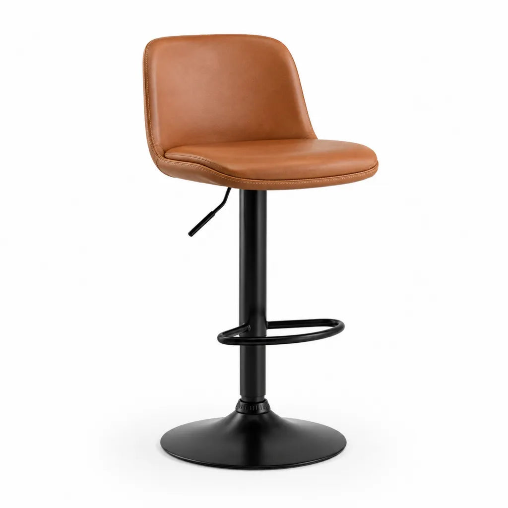 Barhocker hohenverstellbar mit Ruckenlehne aus PU-Kunstleder in Cognac mit rundem Fuss 50 x 52 x 88-109 cm