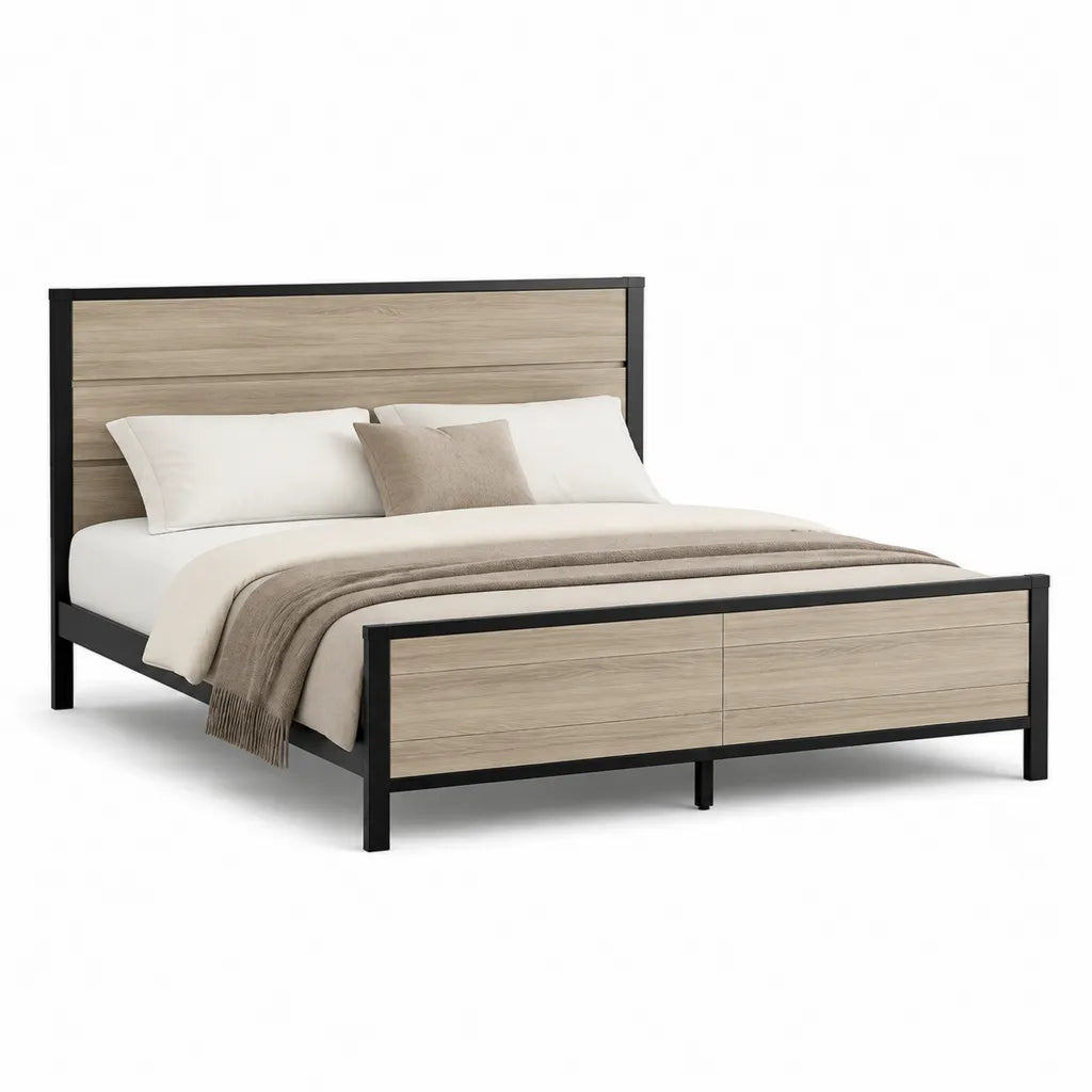 Doppelbett Bettgestell 160 x 200 cm mit Kopfteil und Fussteil Spanplatte Stahl Schwarz Eichefarben