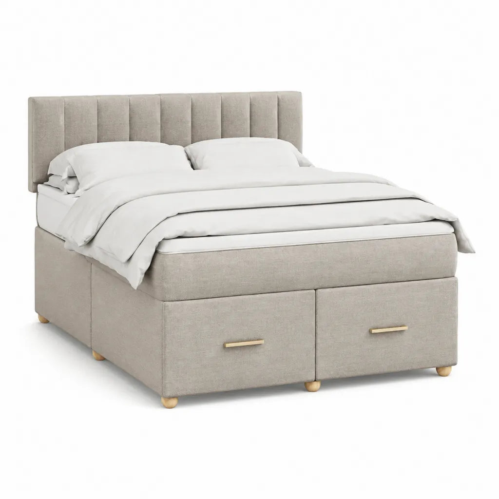 Stauraumbett Doppelbett 160 x 200 cm mit gepolstertem Kopfteil und 2 Schubladen in Beige