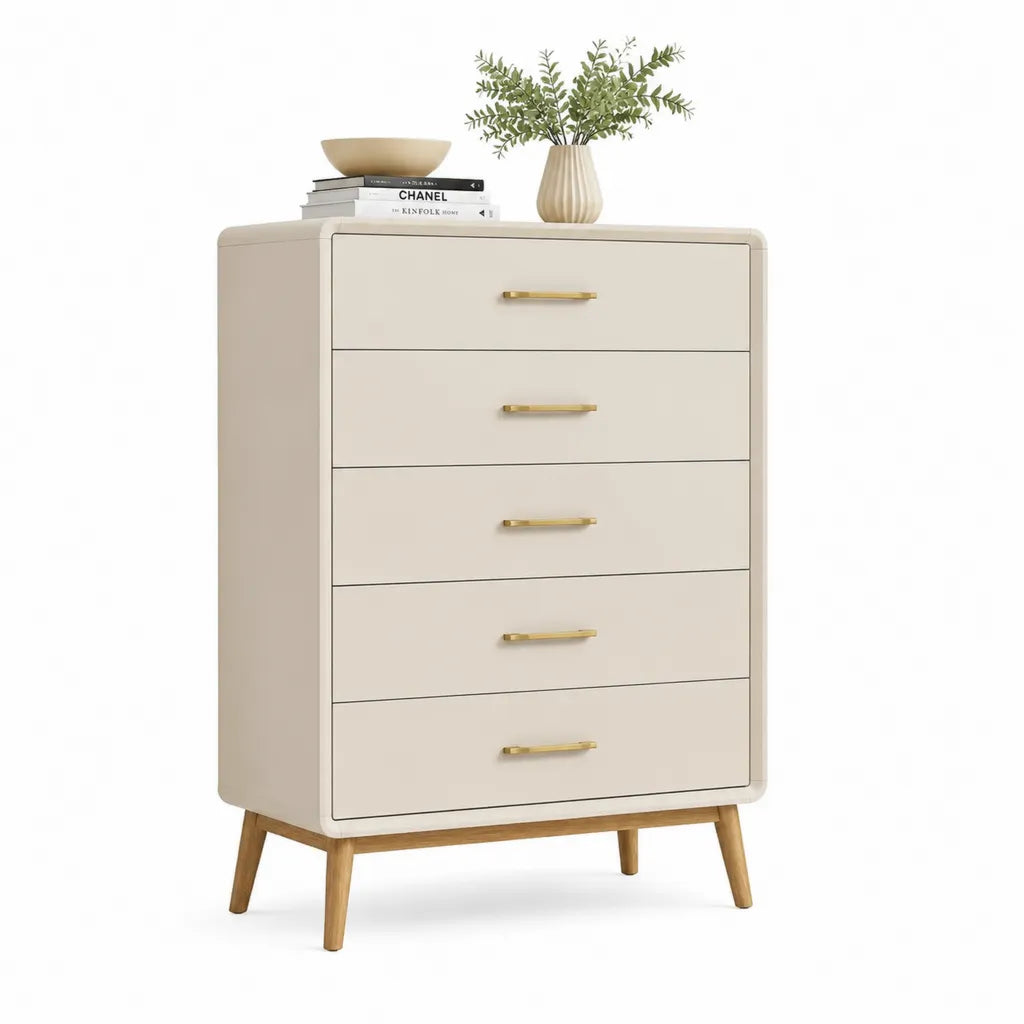 Hohe Kommode mit 5 Schubladen aus MDF und Gummibaumholz rechteckig cremefarben 80 x 40 x 120 cm