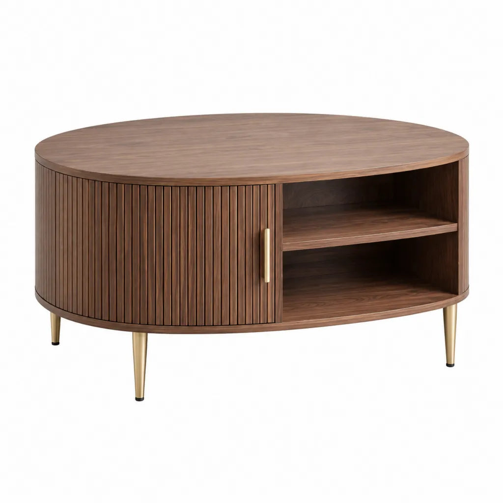 Ovaler Couchtisch mit Schiebetur 100 x 50 x 45 cm MDF und Stahl walnussbraun