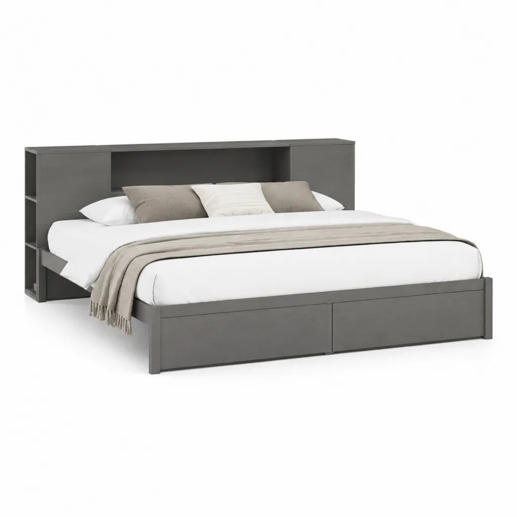 Stauraumbett Doppelbett 160 x 200 cm mit Schubladen und Regal Kopfteil aus Spanplatte rechteckig Anthrazit