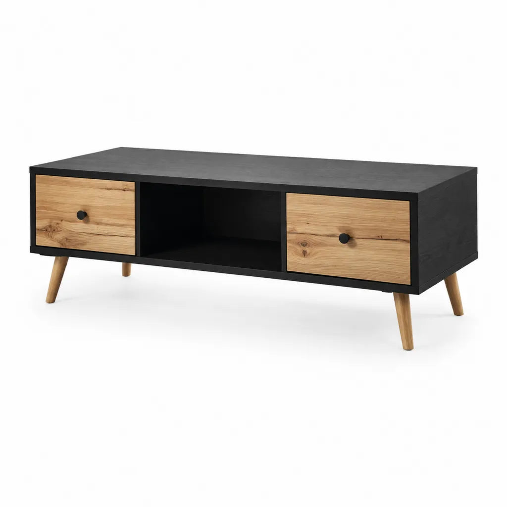 Couchtisch mit 2 Schubladen und offenem Fach 120 x 60 x 40 cm MDF Eichenfurnier rechteckig Schwarz Natur