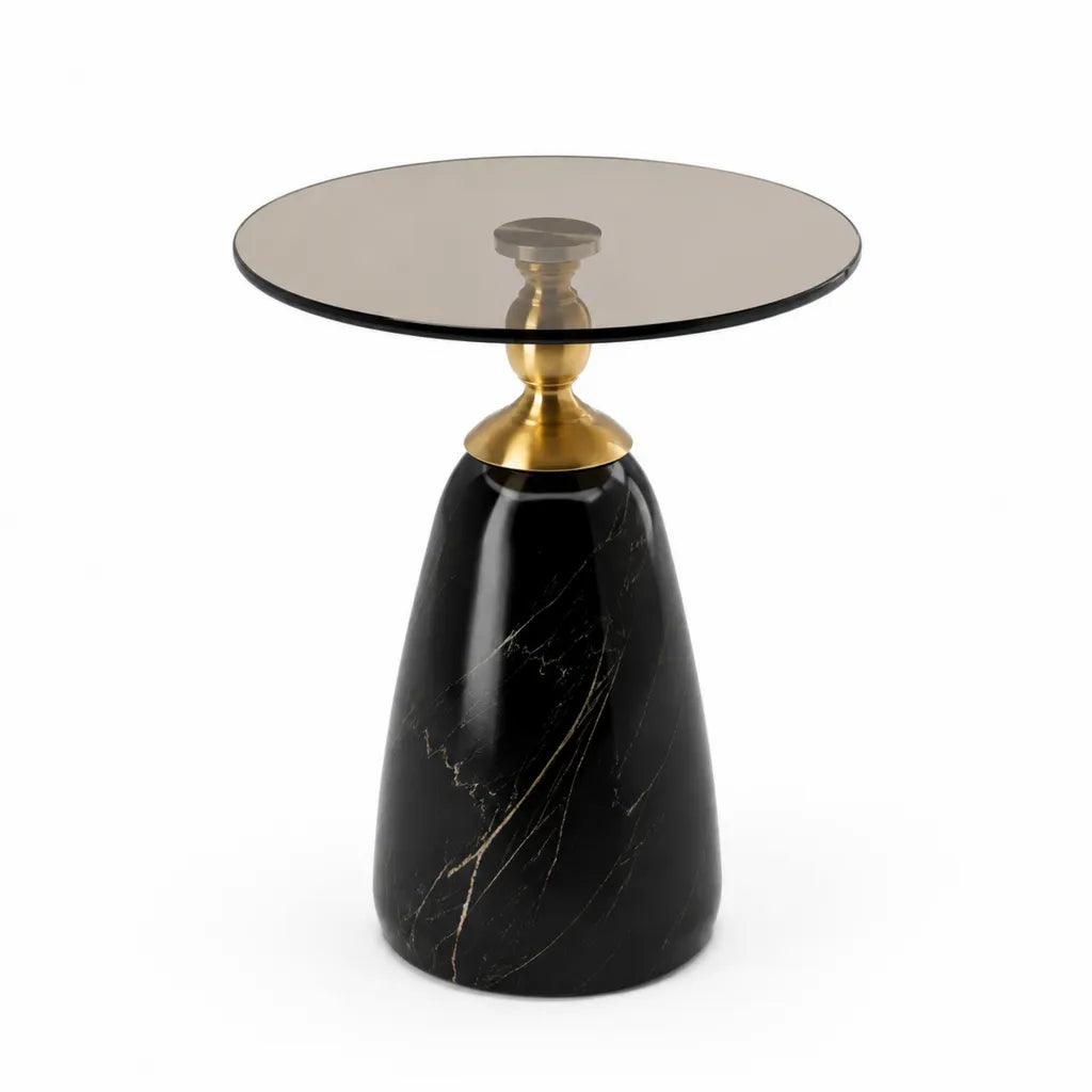 Beistelltisch rund Dia 50 x 55 cm mit Rauchglasplatte Marmorsockel und Edelstahl in Schwarz Gold